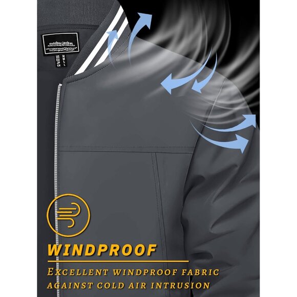 Men's Grey Bomber Lightweight Casual Spring Fall Windbreaker Zip Up Jacket - Picture 3 of 8